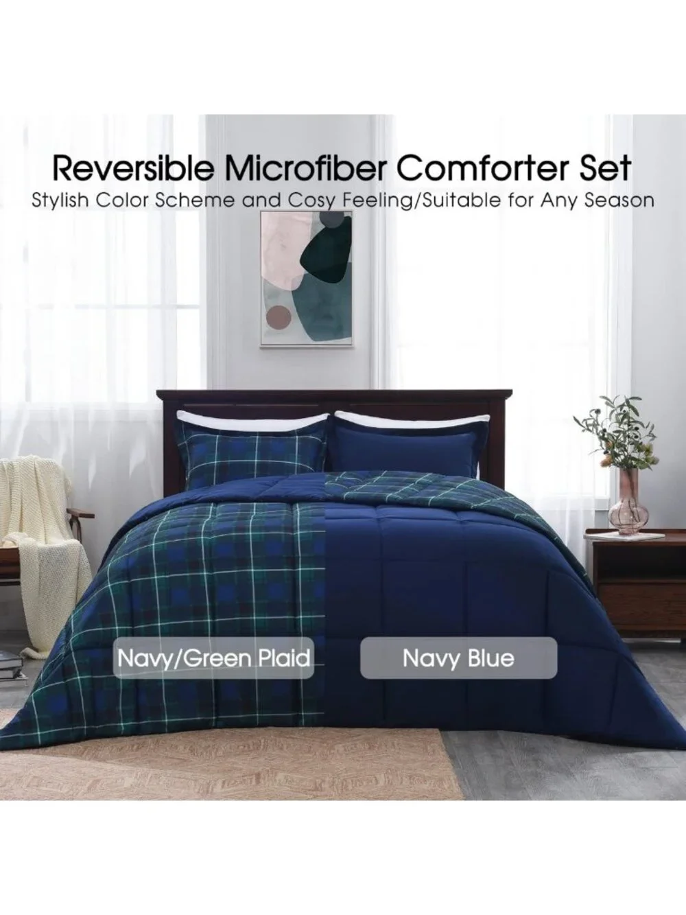 Cozy Twin Comforter Set - Navy Green Buffalo Plaid Down Alternative Bedding, All